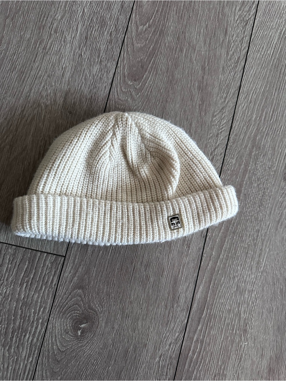 Obey Micro Beanie in Light Cream Ribbed Knit Beanie with Logo Pin